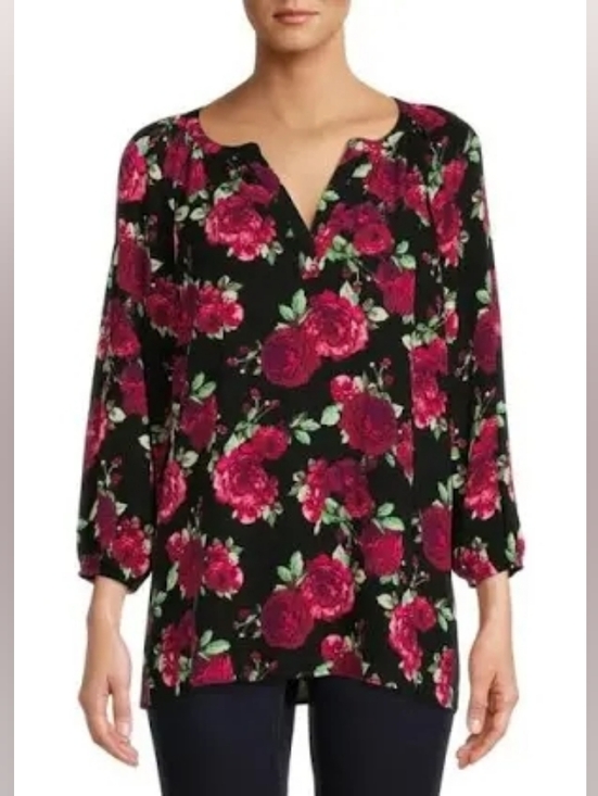 The Pioneer Woman Tops - XXXL Plus Pioneer Woman Black Shirt Red Rose 3X Office V-Neck Flowy Floral Soft